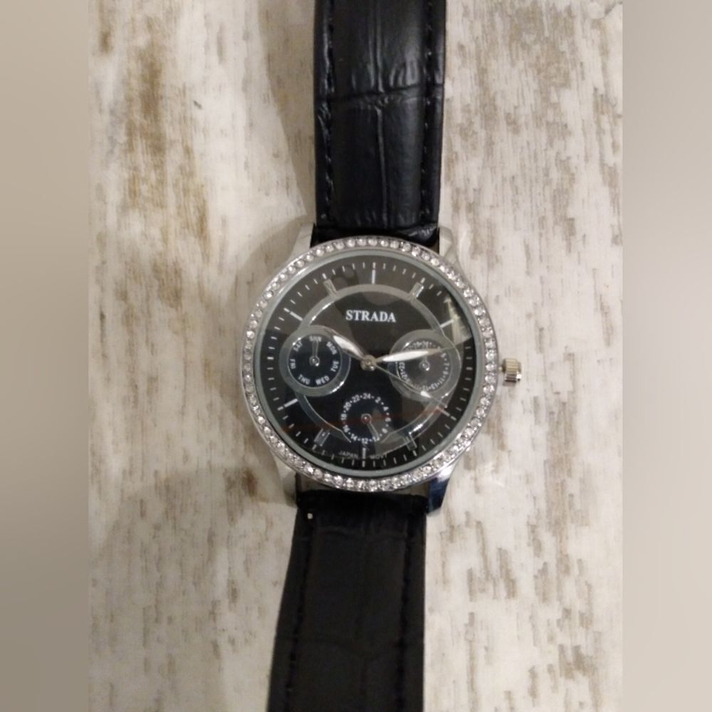 Brand New STRADA Watch with Black Leather Strap and Crystal Accents - Never Worn